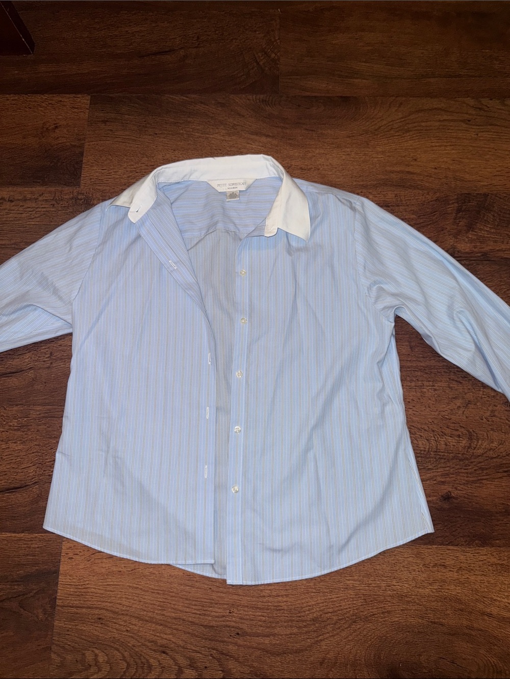 Petite Sophisticate Light Blue Striped Dress Shirt with White Collar